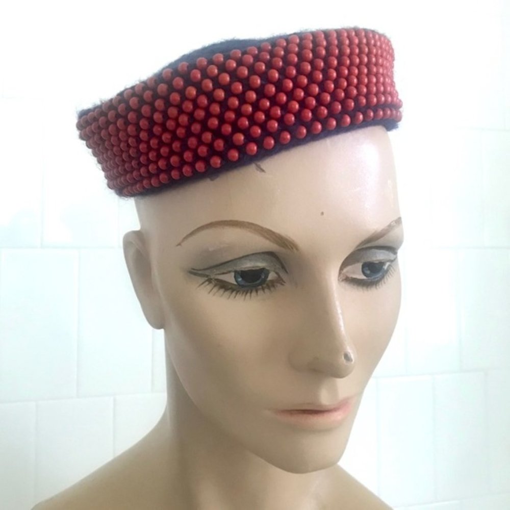 Vintage Crochet Beaded Pill Box Beanie Hat